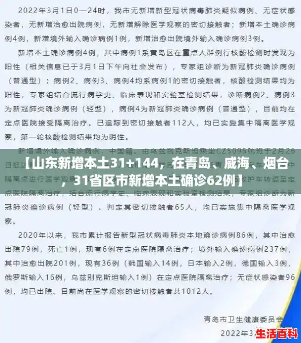 【山东新增本土31+144，在青岛、威海、烟台，31省区市新增本土确诊62例】