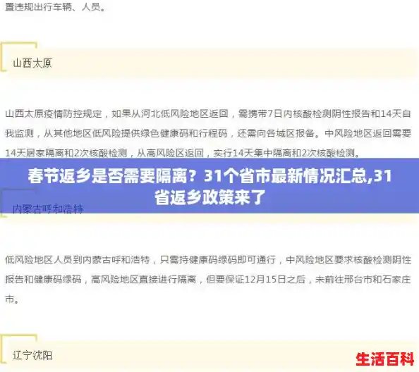 春节返乡是否需要隔离？31个省市最新情况汇总,31省返乡政策来了
